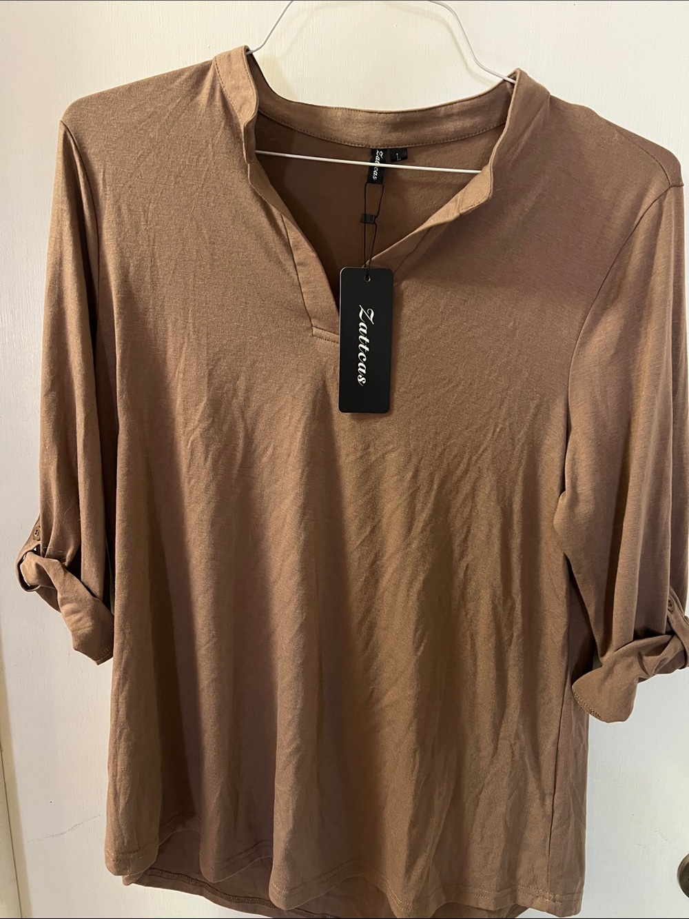Zaulera Brown Split-Neck Long Sleeve Tee
